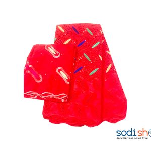 Brodé à Motif + Foulard Tissu 100%Coton 5 Yards – Couleur Rouge OM00121